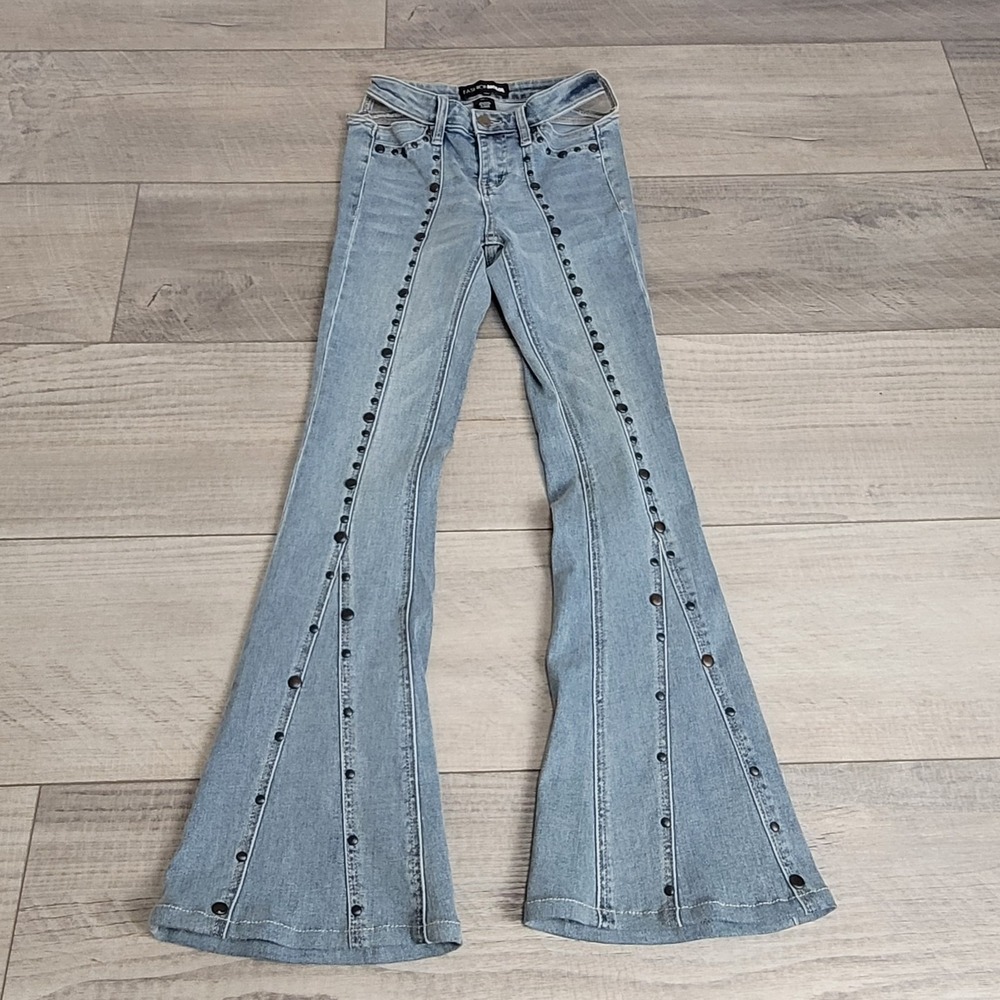 Fashion Nova Light Blue Stud-Trim Flare Jeans